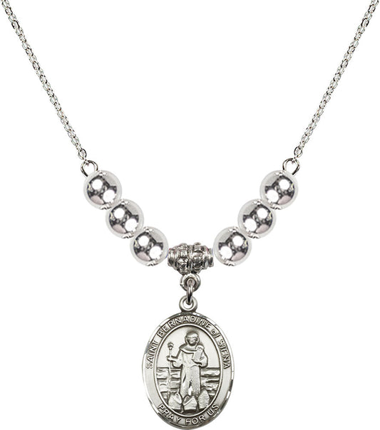 Sterling Silver Saint Bernadine of Sienna Birthstone Necklace with Sterling Silver Beads - 8387