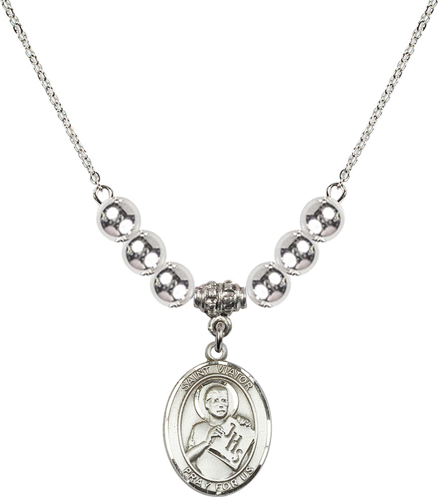 Sterling Silver Saint Viator of Bergamo Birthstone Necklace with Sterling Silver Beads - 8408