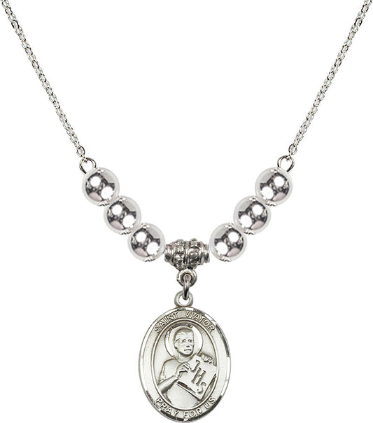 Sterling Silver Saint Viator of Bergamo Birthstone Necklace with Sterling Silver Beads - 8408