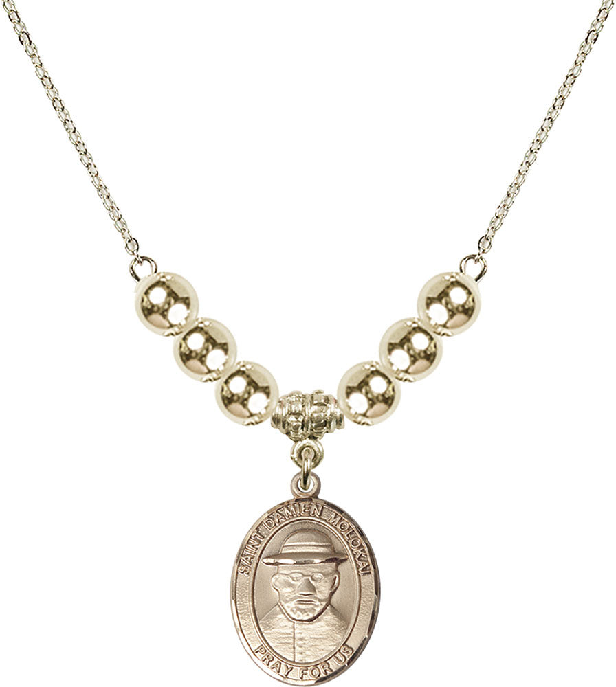 14kt Gold Filled Saint Damien of Molokai Birthstone Necklace with Gold Filled Beads - 8412