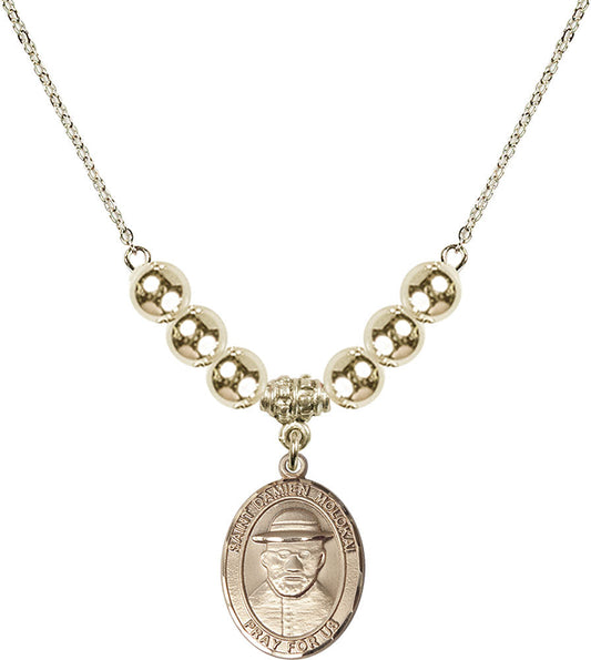 14kt Gold Filled Saint Damien of Molokai Birthstone Necklace with Gold Filled Beads - 8412