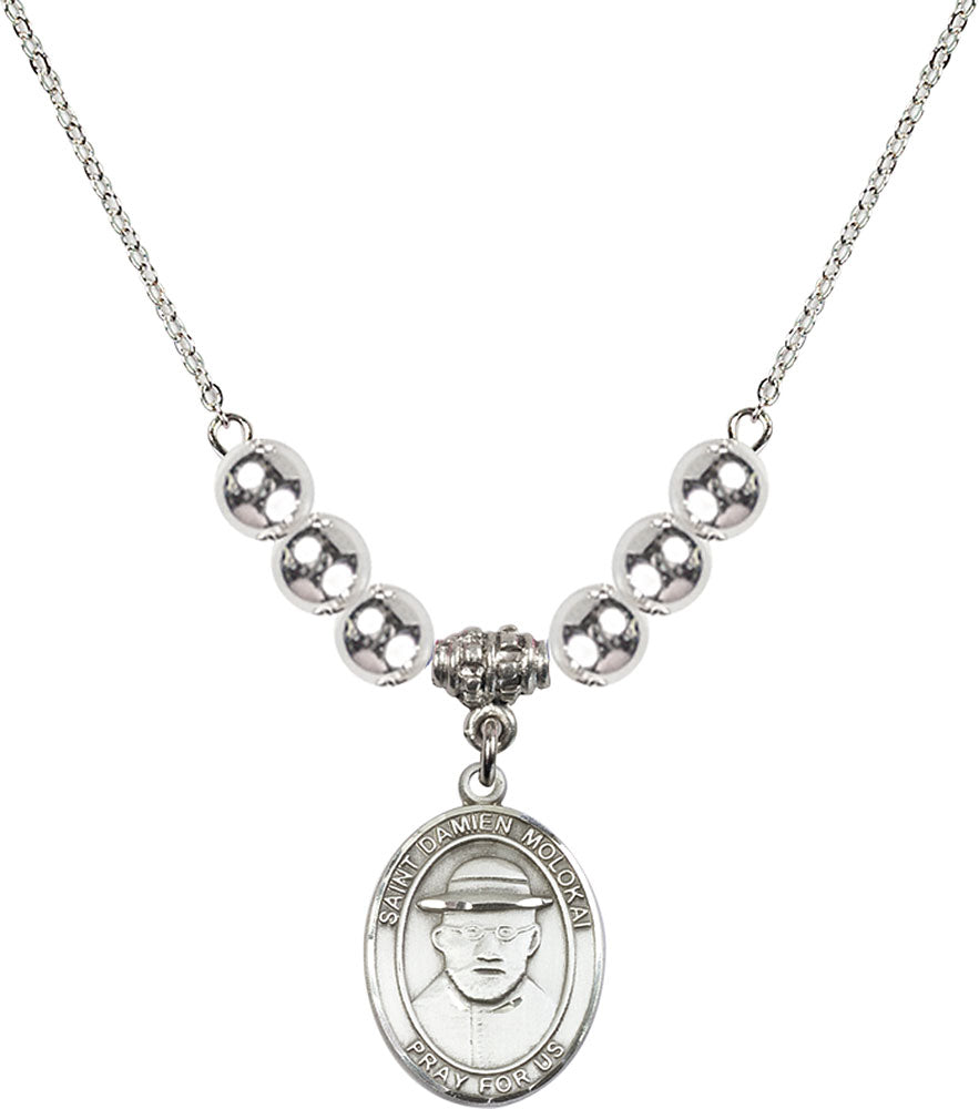 Sterling Silver Saint Damien of Molokai Birthstone Necklace with Sterling Silver Beads - 8412
