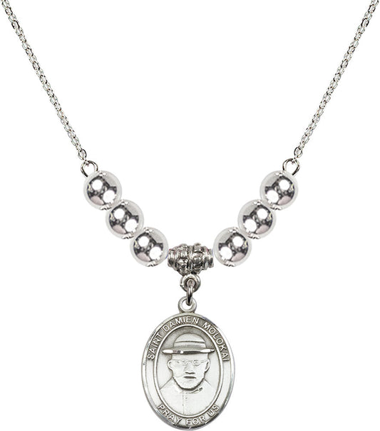 Sterling Silver Saint Damien of Molokai Birthstone Necklace with Sterling Silver Beads - 8412