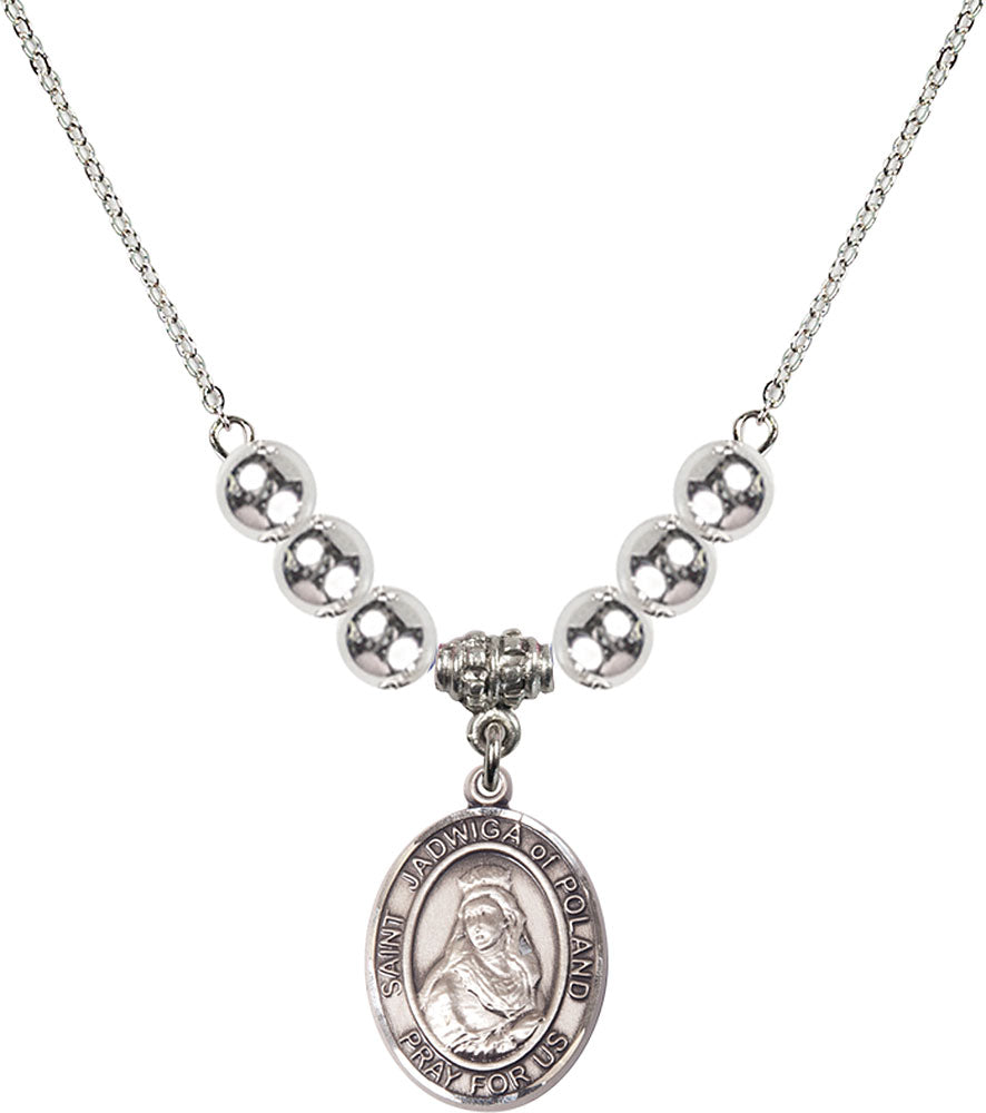 Sterling Silver Saint Jadwiga of Poland Birthstone Necklace with Sterling Silver Beads - 8434
