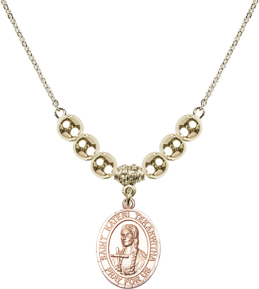 14kt Gold Filled Saint Kateri Tekakwitha Birthstone Necklace with Gold Filled Beads - 8438
