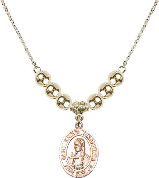 14kt Gold Filled Saint Kateri Tekakwitha Birthstone Necklace with Gold Filled Beads - 8438
