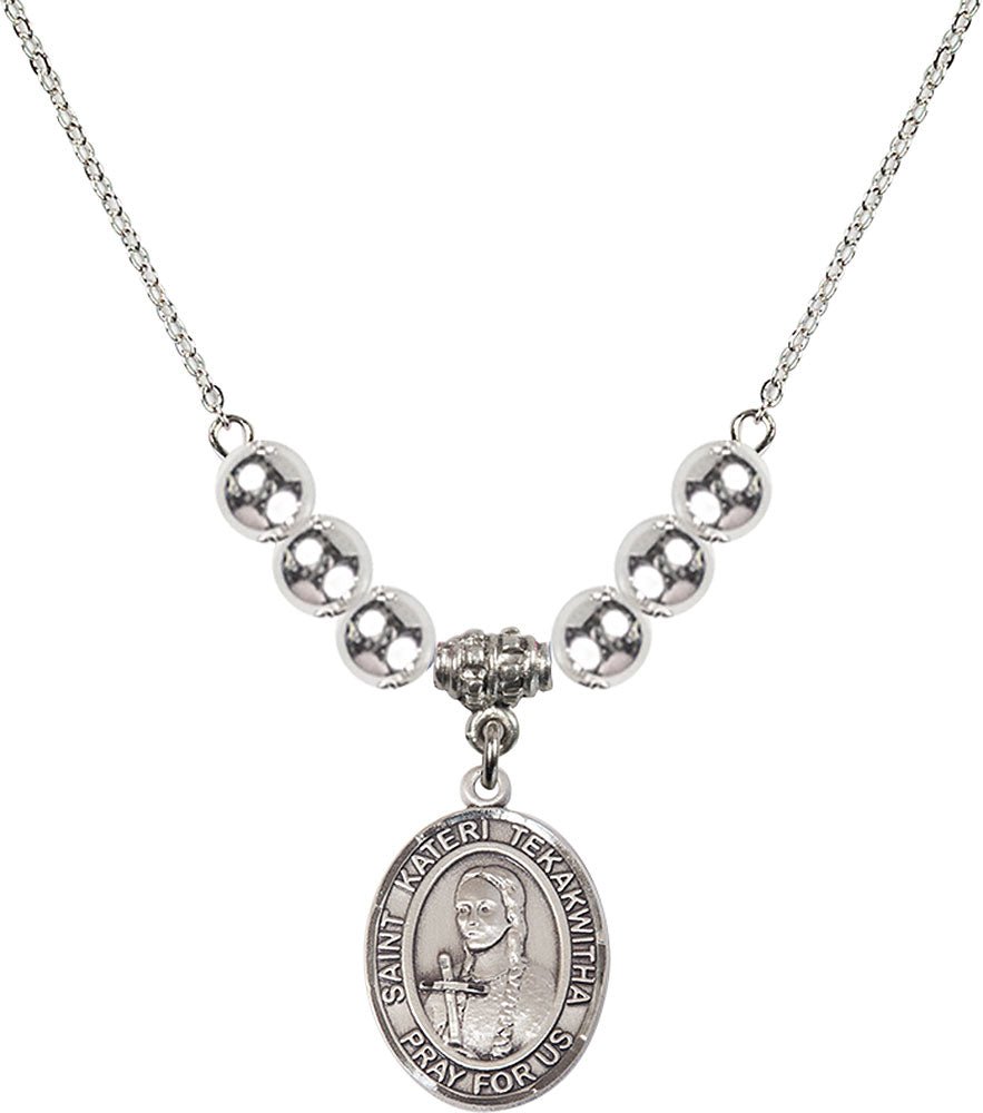 Sterling Silver Saint Kateri Tekakwitha Birthstone Necklace with Sterling Silver Beads - 8438