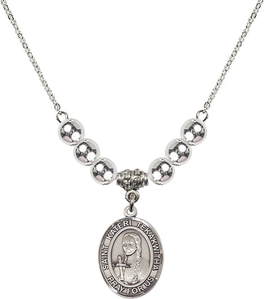 Sterling Silver Saint Kateri Tekakwitha Birthstone Necklace with Sterling Silver Beads - 8438