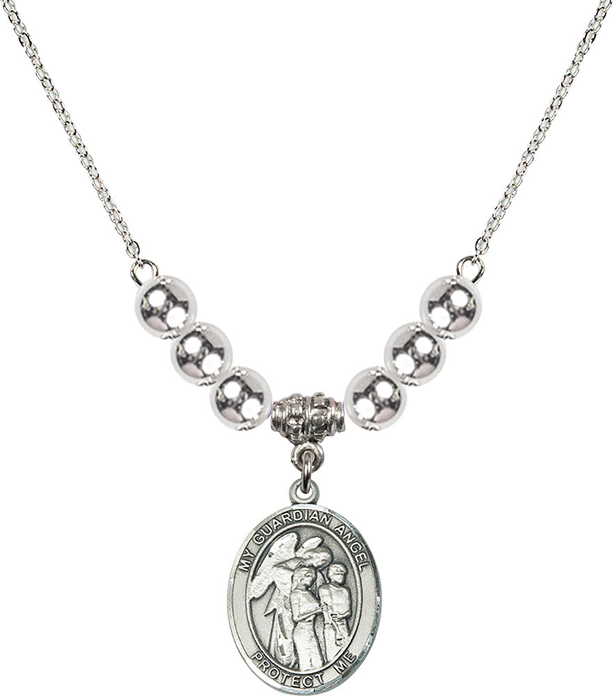 Sterling Silver Guardian Angel w/Children Birthstone Necklace with Sterling Silver Beads - 8439