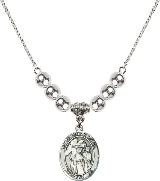 Sterling Silver Guardian Angel w/Children Birthstone Necklace with Sterling Silver Beads - 8439