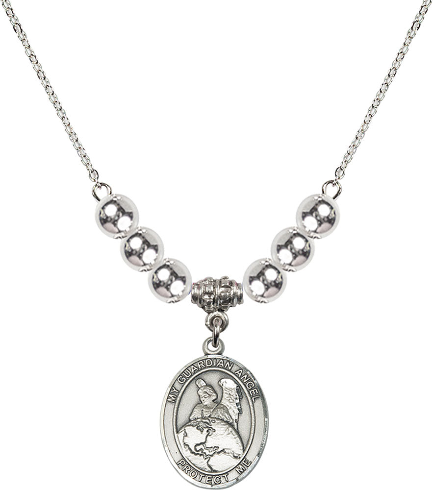Sterling Silver Guardian Angel Protector Birthstone Necklace with Sterling Silver Beads - 8440