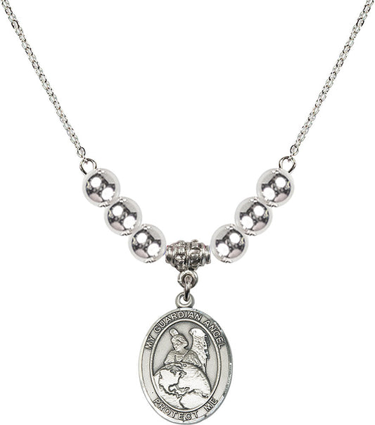 Sterling Silver Guardian Angel Protector Birthstone Necklace with Sterling Silver Beads - 8440