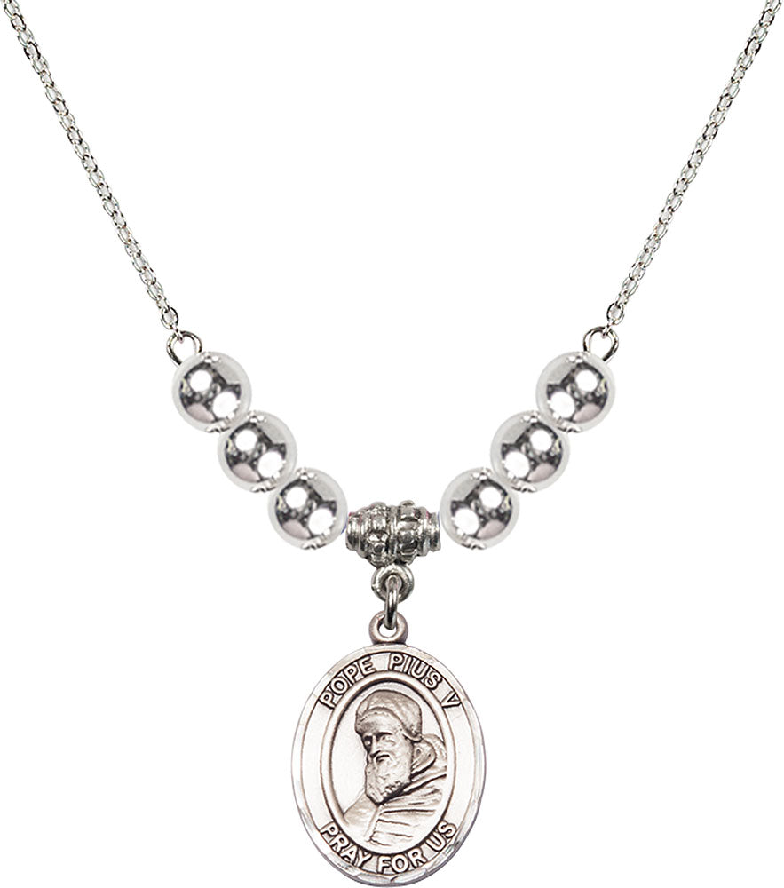 Sterling Silver Saint Pius V Birthstone Necklace with Sterling Silver Beads - 8452