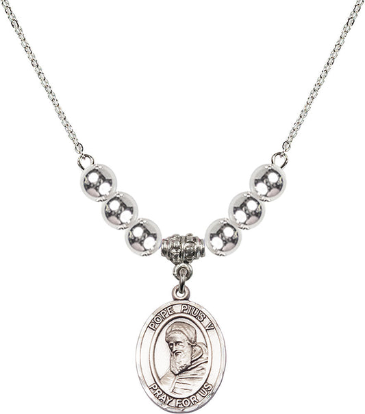 Sterling Silver Saint Pius V Birthstone Necklace with Sterling Silver Beads - 8452