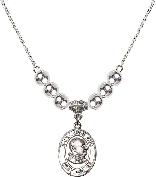 Sterling Silver Saint John XXIII Birthstone Necklace with Sterling Silver Beads - 8455
