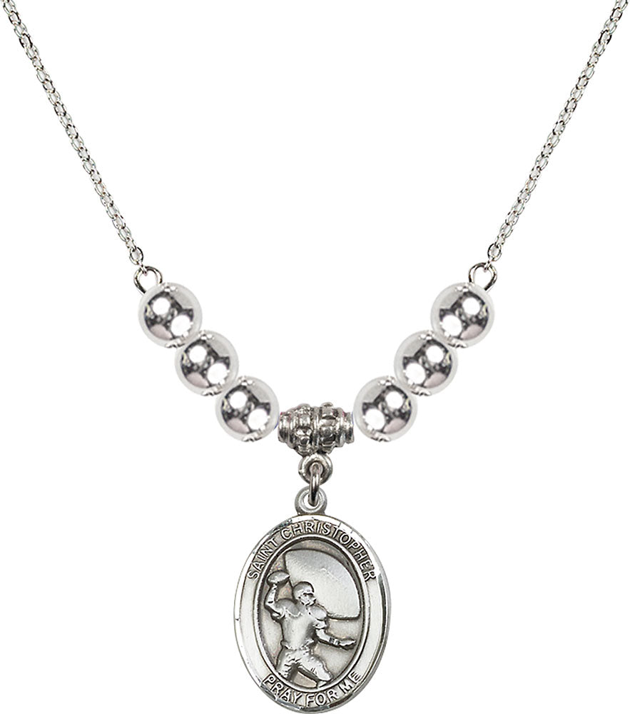 Sterling Silver Saint Christopher / Football Birthstone Necklace with Sterling Silver Beads - 8501