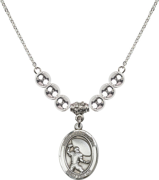 Sterling Silver Saint Christopher / Football Birthstone Necklace with Sterling Silver Beads - 8501