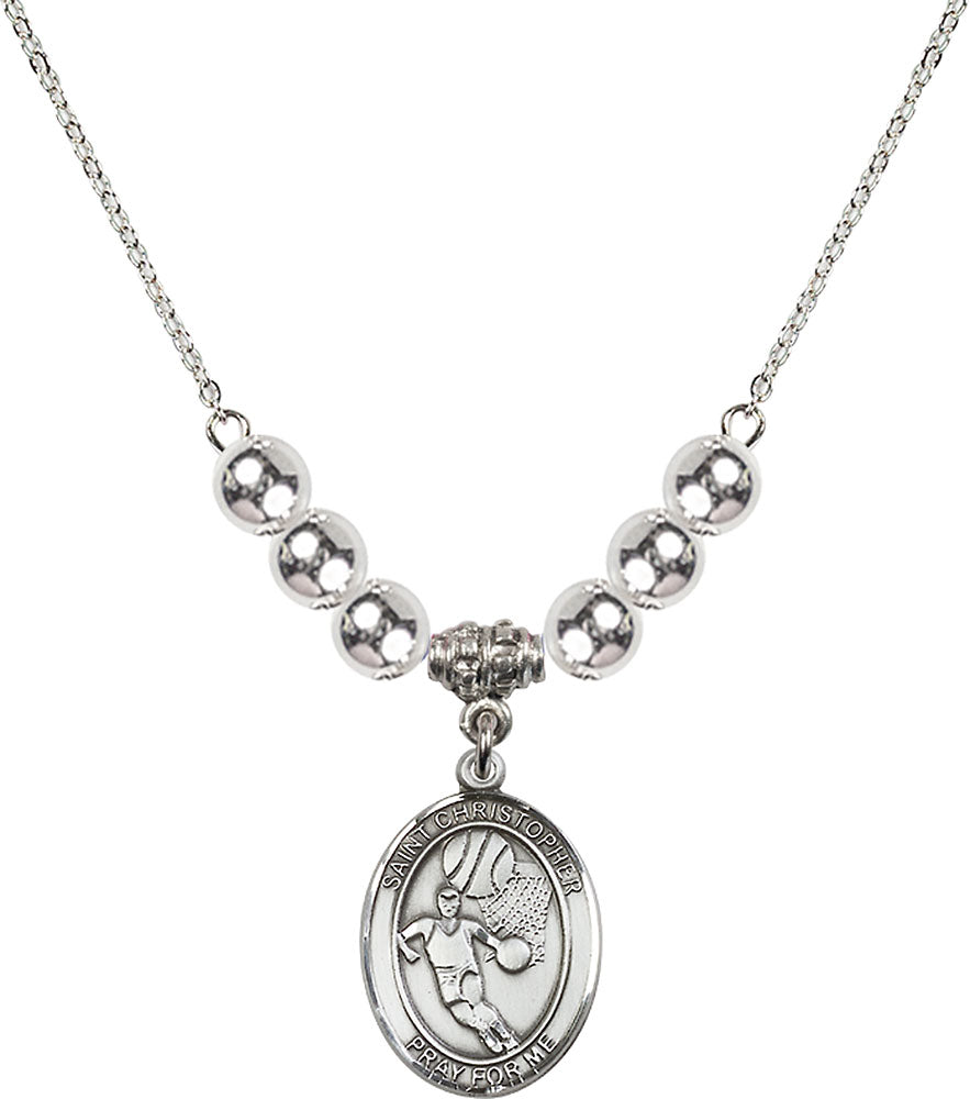Sterling Silver Saint Christopher/Basketball Birthstone Necklace with Sterling Silver Beads - 8502