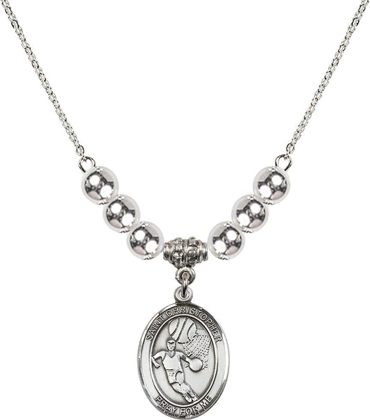Sterling Silver Saint Christopher/Basketball Birthstone Necklace with Sterling Silver Beads - 8502