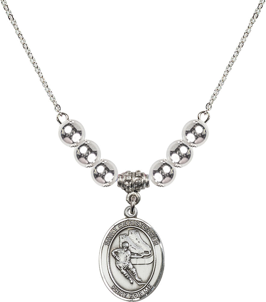 Sterling Silver Saint Christopher/Hockey Birthstone Necklace with Sterling Silver Beads - 8504