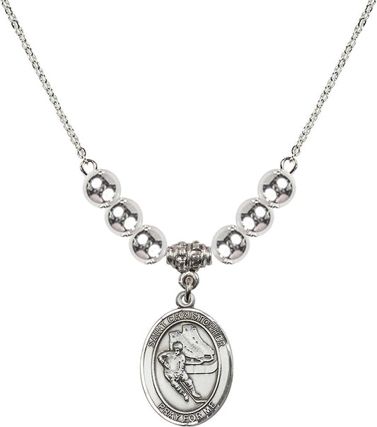 Sterling Silver Saint Christopher/Hockey Birthstone Necklace with Sterling Silver Beads - 8504
