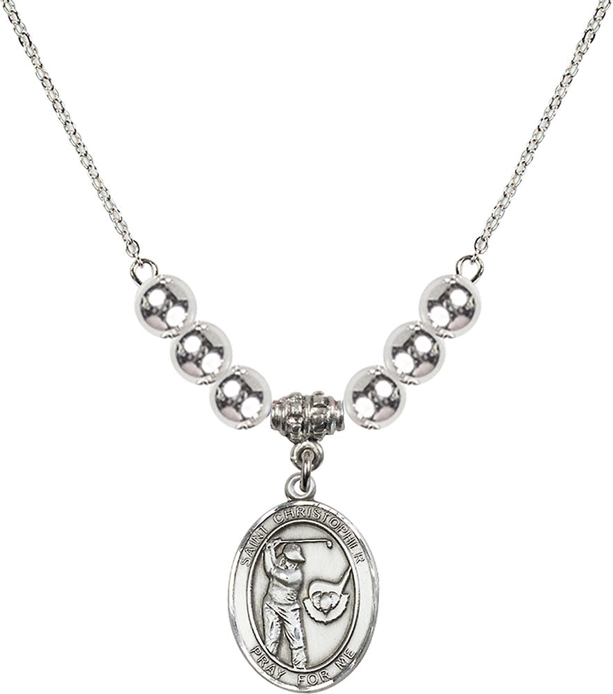 Sterling Silver Saint Christopher/Golf Birthstone Necklace with Sterling Silver Beads - 8506