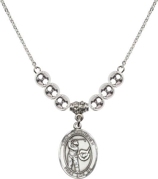 Sterling Silver Saint Christopher/Golf Birthstone Necklace with Sterling Silver Beads - 8506