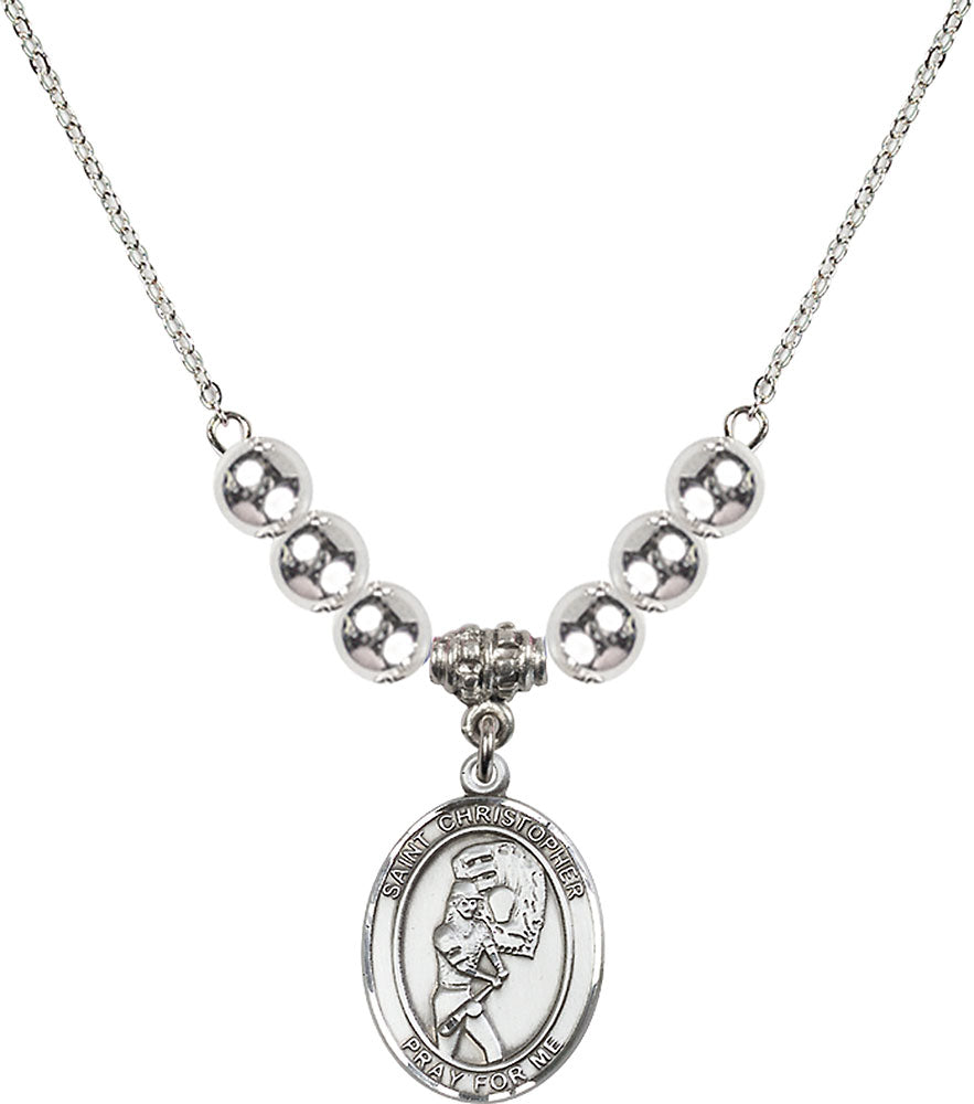 Sterling Silver Saint Christopher/Softball Birthstone Necklace with Sterling Silver Beads - 8507