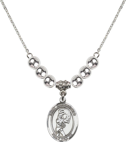 Sterling Silver Saint Christopher/Softball Birthstone Necklace with Sterling Silver Beads - 8507