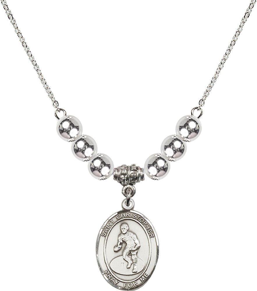 Sterling Silver Saint Christopher/Wrestling Birthstone Necklace with Sterling Silver Beads - 8508
