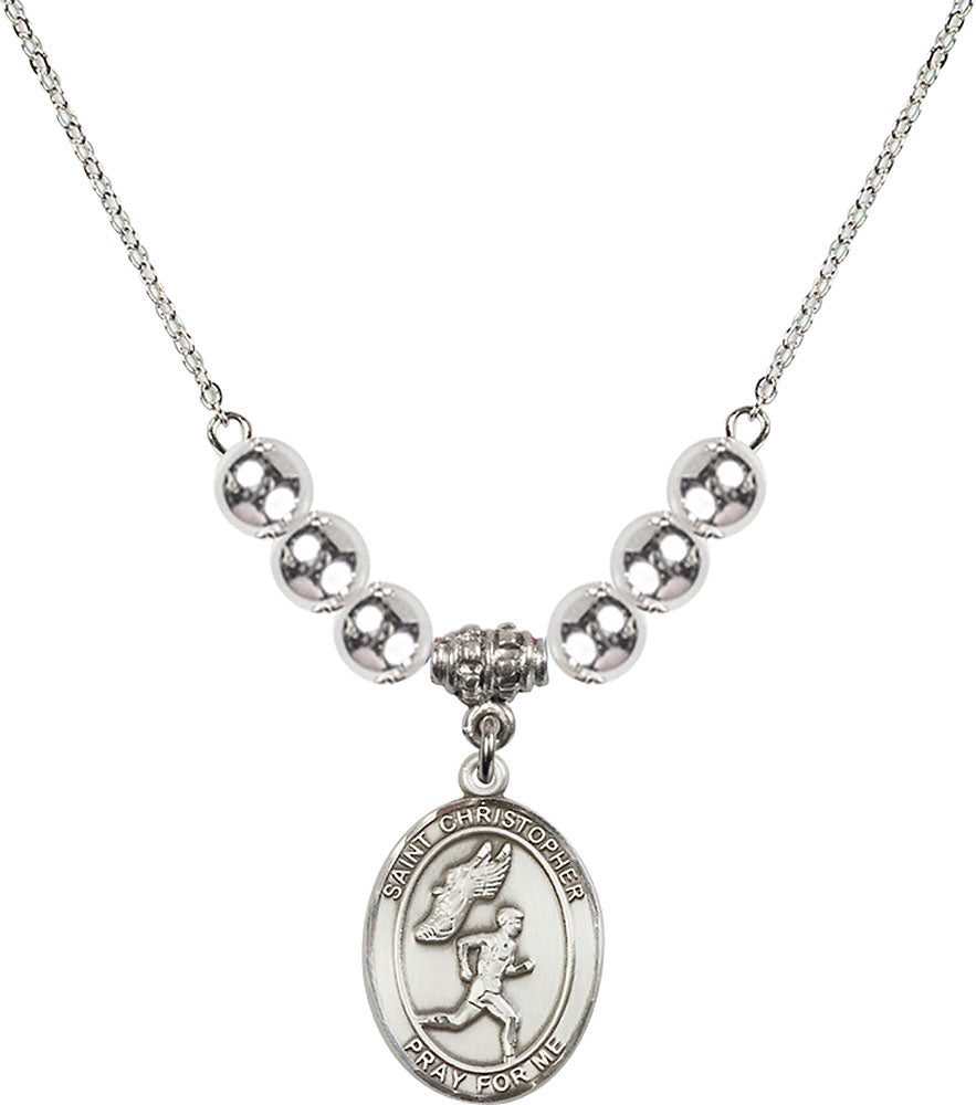 Sterling Silver Saint Christopher/Track&Field-Men Birthstone Necklace with Sterling Silver Beads - 8509