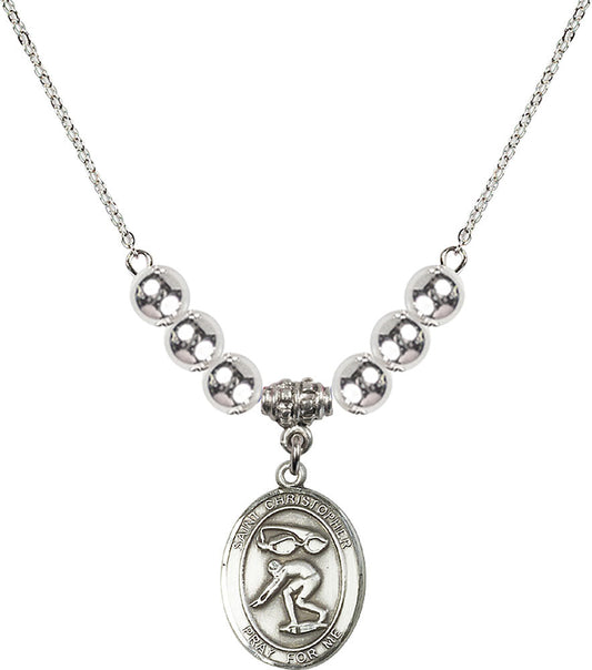 Sterling Silver Saint Christopher/Swimming Birthstone Necklace with Sterling Silver Beads - 8511