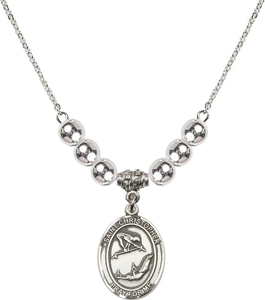 Sterling Silver Saint Christopher/Gymnastics Birthstone Necklace with Sterling Silver Beads - 8513