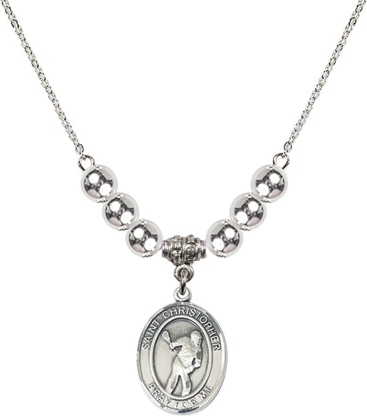Sterling Silver Saint Christopher/Lacrosse Birthstone Necklace with Sterling Silver Beads - 8516