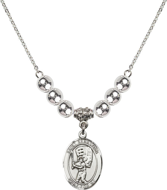 Sterling Silver Saint Sebastian / Baseball Birthstone Necklace with Sterling Silver Beads - 8600