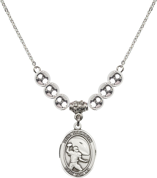 Sterling Silver Saint Sebastian / Football Birthstone Necklace with Sterling Silver Beads - 8601