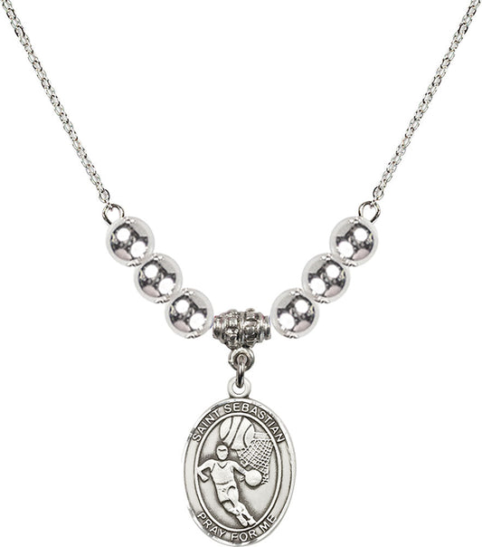 Sterling Silver Saint Sebastian/Basketball Birthstone Necklace with Sterling Silver Beads - 8602
