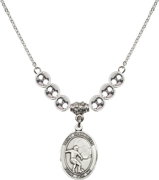 Sterling Silver Saint Sebastian / Soccer Birthstone Necklace with Sterling Silver Beads - 8603