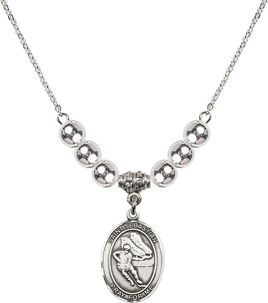 Sterling Silver Saint Sebastian / Hockey Birthstone Necklace with Sterling Silver Beads - 8604
