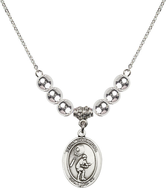 Sterling Silver Saint Sebastian / Tennis Birthstone Necklace with Sterling Silver Beads - 8605