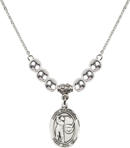 Sterling Silver Saint Sebastian / Golf Birthstone Necklace with Sterling Silver Beads - 8606