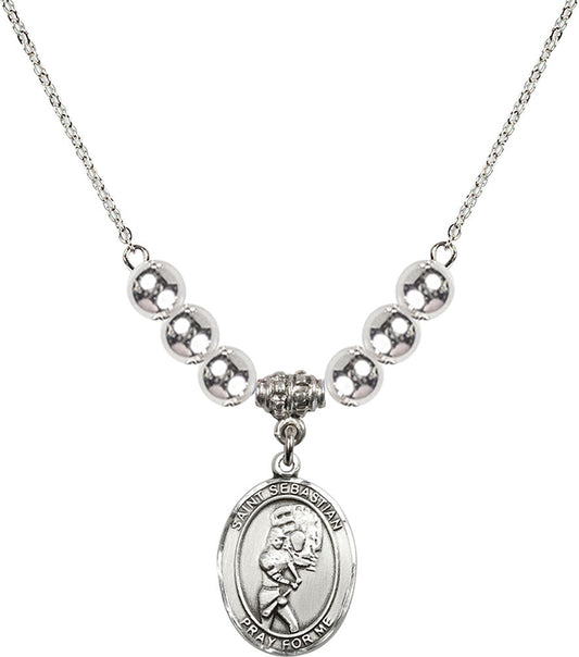 Sterling Silver Saint Sebastian/Softball Birthstone Necklace with Sterling Silver Beads - 8607