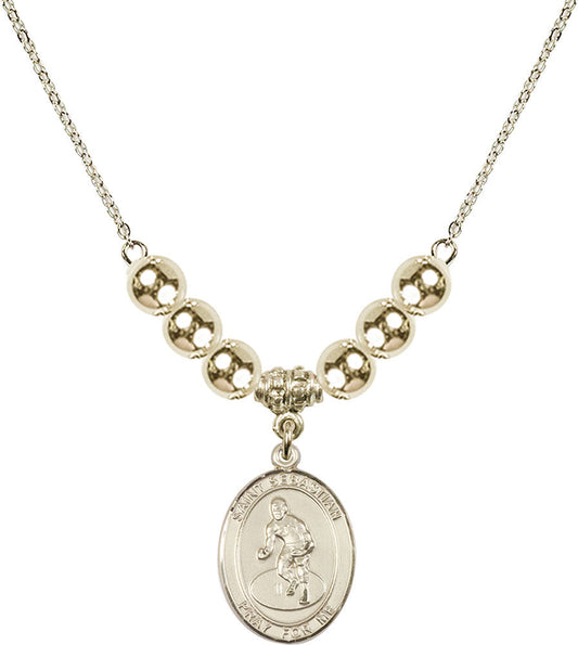 14kt Gold Filled Saint Sebastian/Wrestling Birthstone Necklace with Gold Filled Beads - 8608