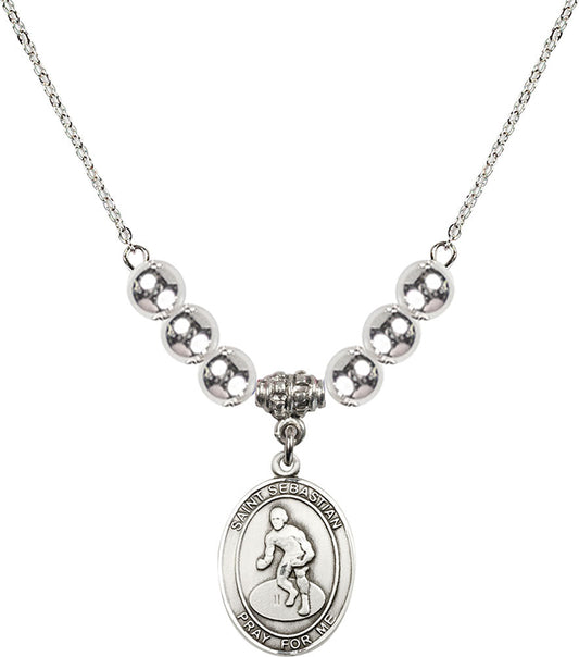 Sterling Silver Saint Sebastian/Wrestling Birthstone Necklace with Sterling Silver Beads - 8608