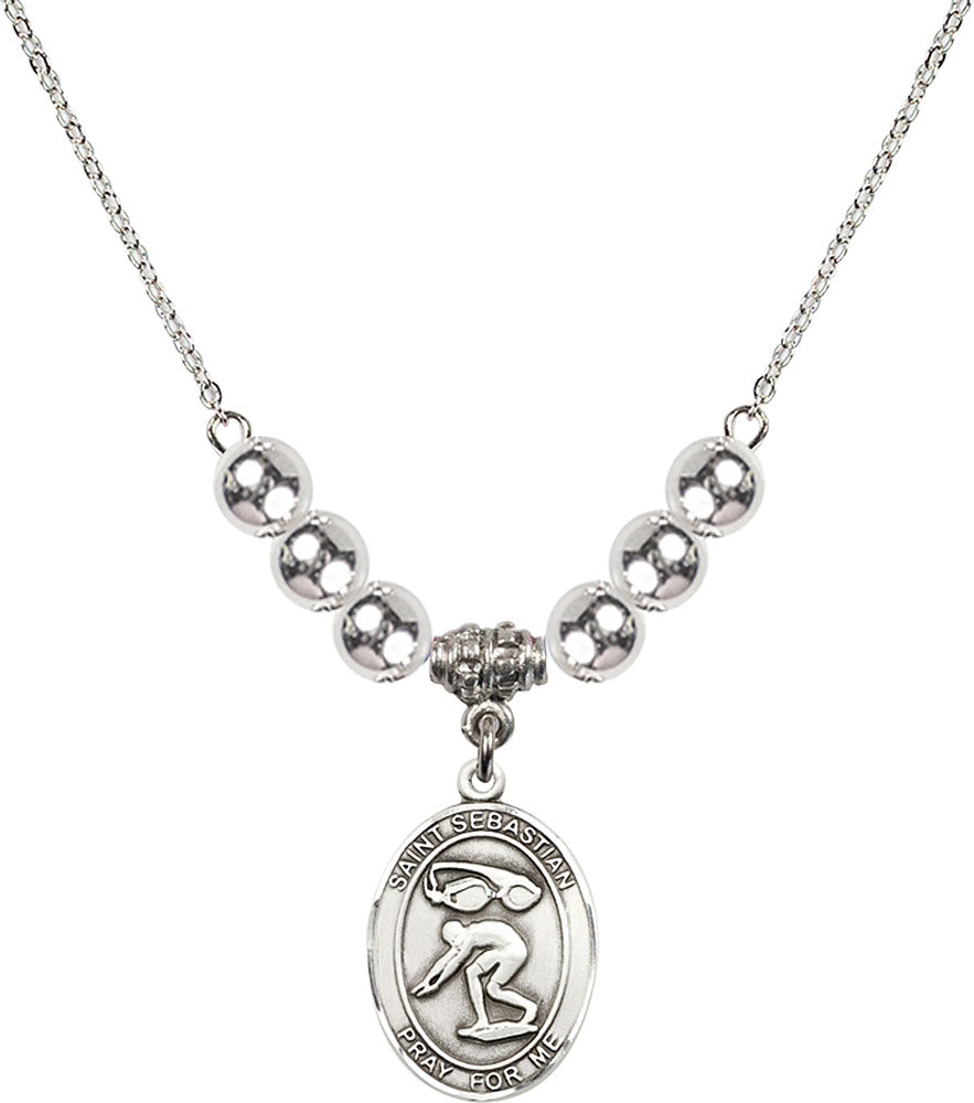 Sterling Silver Saint Sebastian/Swimming Birthstone Necklace with Sterling Silver Beads - 8611