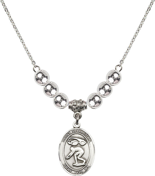 Sterling Silver Saint Sebastian/Swimming Birthstone Necklace with Sterling Silver Beads - 8611