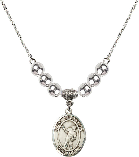 Sterling Silver Saint Sebastian/Lacrosse Birthstone Necklace with Sterling Silver Beads - 8616