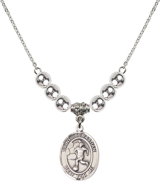 Sterling Silver Saint Sebastian/Soccer-Women Birthstone Necklace with Sterling Silver Beads - 8617