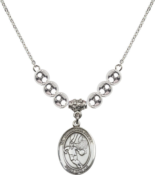 Sterling Silver Guardian Angel/Basketball Birthstone Necklace with Sterling Silver Beads - 8702