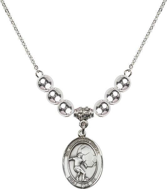 Sterling Silver Guardian Angel/Soccer Birthstone Necklace with Sterling Silver Beads - 8703